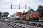 Eastbound intermodal comes off the elevated trackage